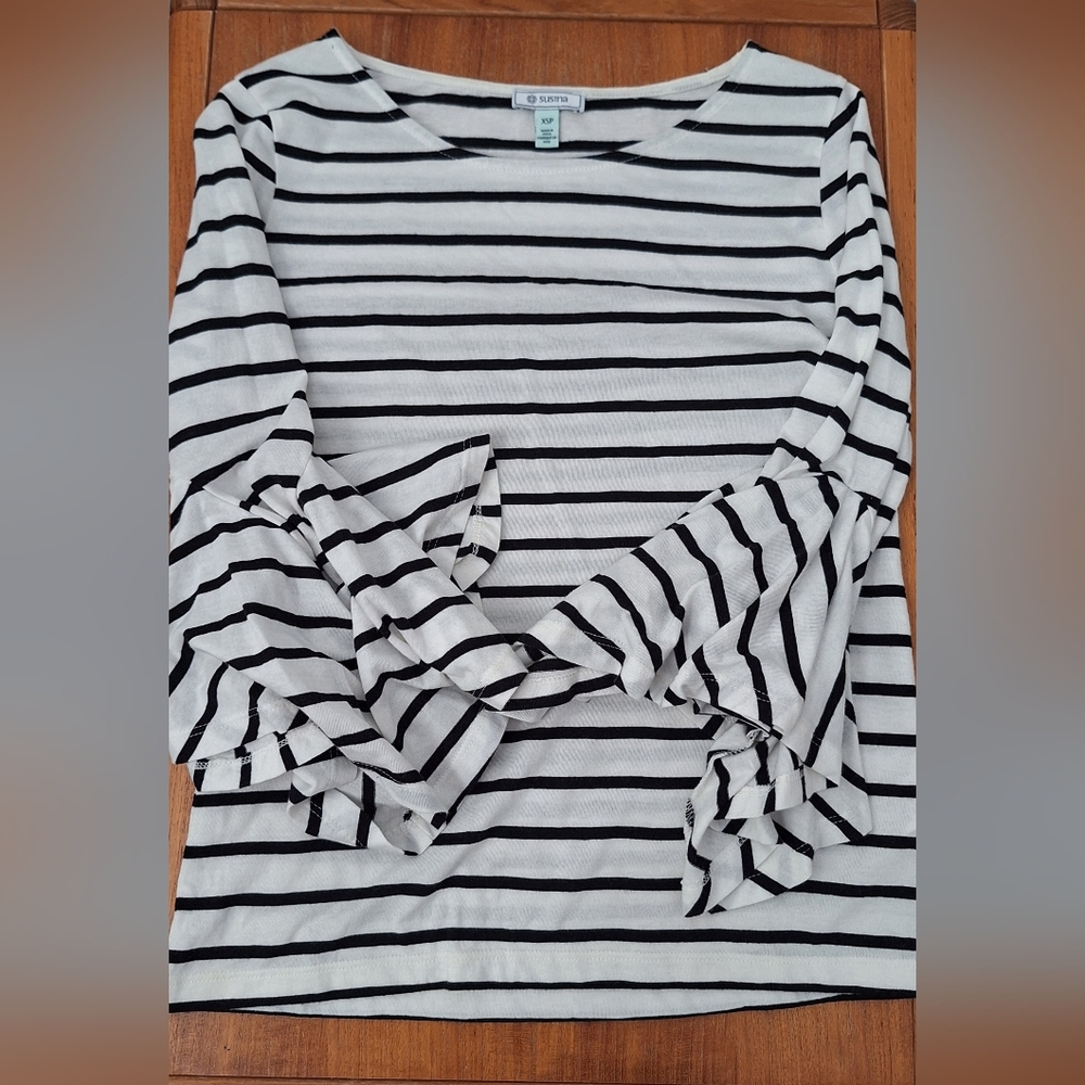 Susina Stripe Ruffle Sleeve Top Boatneck White Cotton Boho Coastal Womens PXS